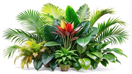 tropical plants arrangement isolated on white background close-up