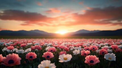 Fototapeta premium A field of brightly colored flowers bursts into bloom as the sun sets, casting a vibrant glow across the landscape.