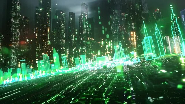 A cityscape with a green background and a green line. The city is lit up with neon lights