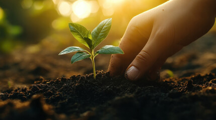 Fototapeta premium A hand gently cradles a young sapling planted in rich, dark soil, with the sun shining brightly in the background