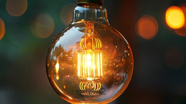 A light bulb hanging from a ceiling with a warm glow. The light bulb is surrounded by a glass casing, which gives it a unique and artistic appearance. The scene is set in a dimly lit room