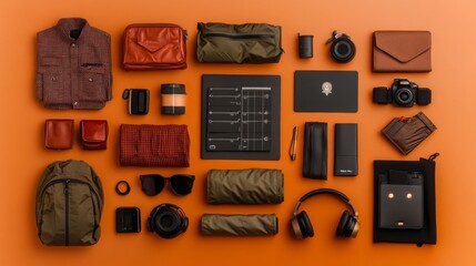 Travel Essentials Flat Lay Backpack Camera Sunglasses Headphones