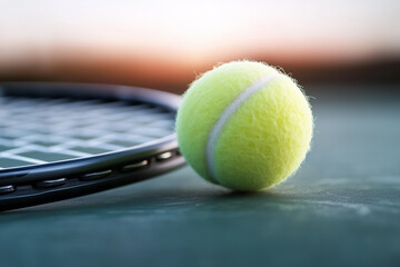 A vibrant tennis ball hangs in motion near a racket at sunset, capturing pure athletic energy