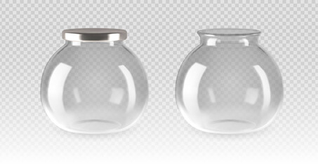 Transparent glass jars with metal and open tops on isolated background