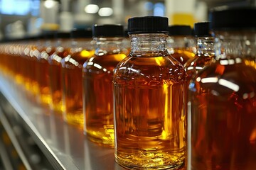 A Row of Amber-Filled Bottles with Black Caps