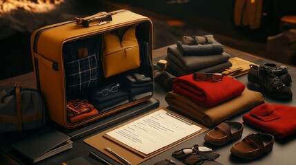 Travel Accessories and Clothing on a Wooden Table