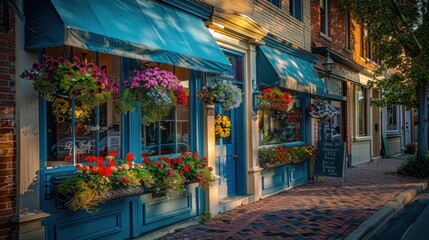 Fototapeta premium Blue Storefront With Flower Baskets on a Brick Street