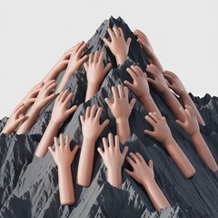 Abstract representation of struggle, hands reaching from a mountainous structure.