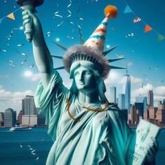 The statue of Liberty wearing a celebration party hat.