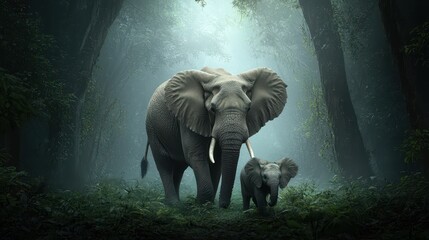 A majestic elephant and its calf stand together in a misty forest, surrounded by lush greenery and dappled light, evoking a sense of tranquility and connection with nature.