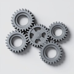 Five interlocking gray gears on a white isolated background.