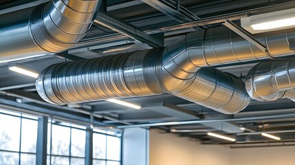 Obraz premium Industrial ceiling with ventilation ducts, stainless steel pipes, modern HVAC system, metallic reflections, bright fluorescent lighting, clean technical design.