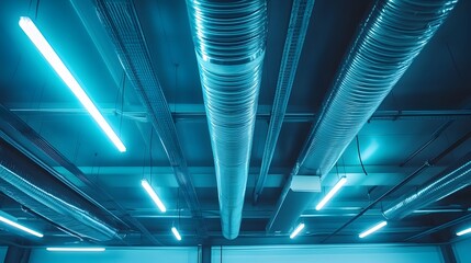 Industrial ceiling with ventilation ducts, stainless steel pipes, modern HVAC system, metallic reflections, bright fluorescent lighting, clean technical design.