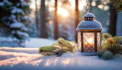 Fir branches adorn Christmas lanterns on snow with sunlight illuminating a peaceful winter _1(209)