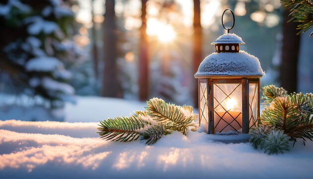 Fir branches adorn Christmas lanterns on snow with sunlight illuminating a peaceful winter _1(209)