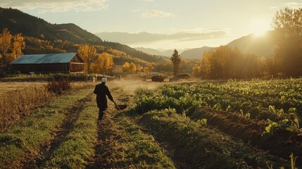 Fototapeta premium Organic farming - anonymous chef harvesting fresh vegetables on a lush green farm with ripe produce, sustainable agriculture practices, and eco-friendly growing techniques in a rural countryside setti