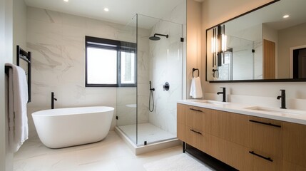 Modern Bathroom Interior Design with White Tub and Double Vanity