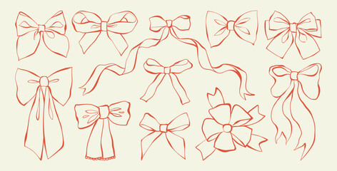 Set of bows and ribbons. Outline decorative sketches holiday bows for gifts, surprise, or hair decor. Line art hand-drawn vector illustration for Christmas, Valentine Day, birthday cards, invitations.