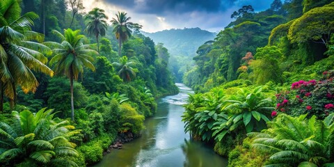 Tropical rainforest in full bloom with flowing rivers and abundant greenery