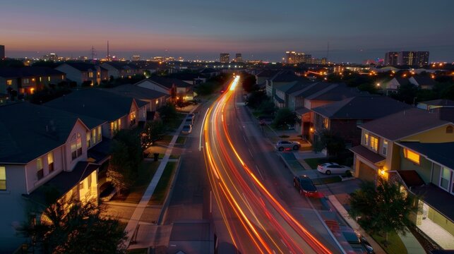 Like a busy highway through the suburbs the overlapping light trails of cars create a sense of constant motion and activity in this neighborhood.