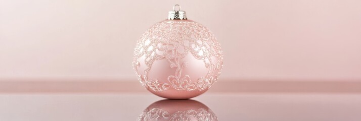 A delicate pastel pink bauble with intricate lace detailing, positioned on a reflective surface, radiating elegance and charm