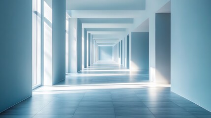 Fototapeta premium Modern architectural corridor with triangular geometry, soft blue tones, natural light streams, minimalist design, symmetrical perspective, infinite view.