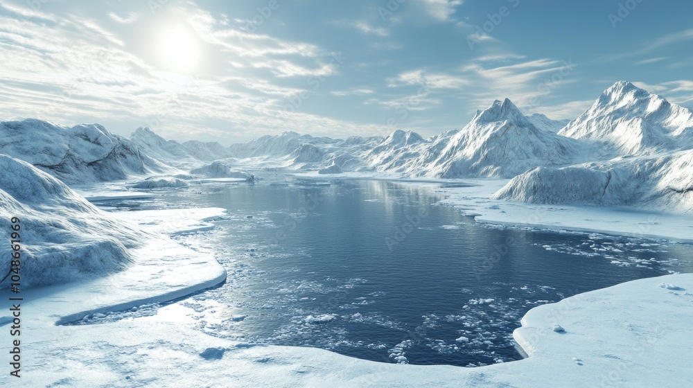 Poster a frozen lake with mountains in the background
