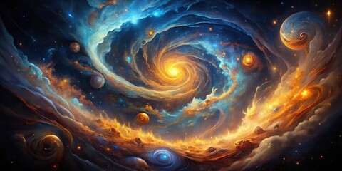 A celestial tapestry woven with swirling nebulae, celestial bodies, and scattered stars, a cosmic dance of fire and ice.