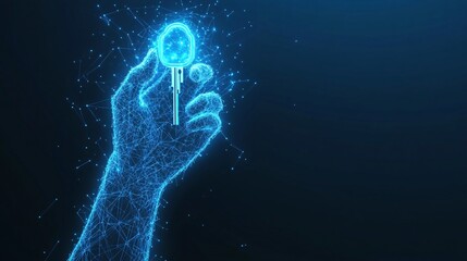 A futuristic digital illustration featuring a glowing blue hand made of connected polygonal lines, gently holding a holographic key. The background is dark blue