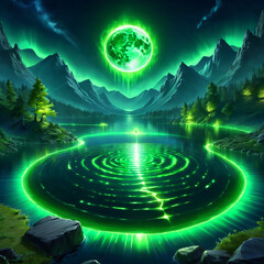 Fototapeta premium A glowing green moon hangs in the night sky above a still lake surrounded by mountains and trees. The moons light bathes the scene in a vibrant green hue, creating a magical and ethereal atmosphere.