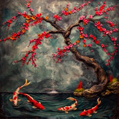  koi fish pond with cherry tree, 3d illustration