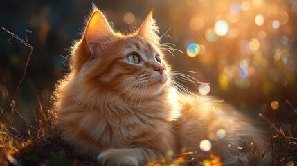 A ginger cat with blue eyes lays in tall grass bathed in warm sunset light, looking up into the distance.