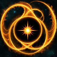 Fototapeta premium A brilliant, starshaped burst of light shines brightly within a circular frame of luminous, glowing orange rings, set against a dark, starry backdrop.