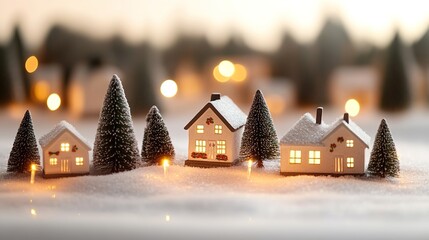 Miniature snowy village with cozy lit houses and trees.