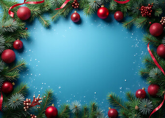 Evergreen branches and red decorations adorn a blue background with simulated snow and festive Christmas banner decor.