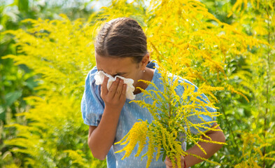 Child in ragweed flowers allergy. Selective focus.