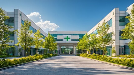 Contemporary hospital exterior, clean white architecture, glass facade, landscaped entrance, medical cross logo, symmetrical design, professional facility.