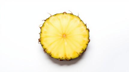 A single slice of pineapple, with the core visible, is placed flat against a white background,...