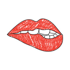 Brush drawn seductive red female lips. Romantic print for valentines day. Elegant minimal line stroke style. Vector chalk graphic element