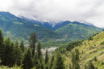 View of mountains and valleys of manali and beas river near Jogini waterfall in Himachal Pradesh...