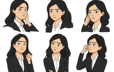 Illustration of an Asian woman in business attire, displaying a range of negative emotions like irritation, worry, skepticism, and confusion