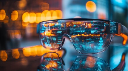 Augmented Reality Glasses Displaying Live Translation During Conversation in Futuristic City Nightscape
