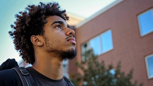 A young man with a backpack looks up at the sky, standing in front of a building with windows
