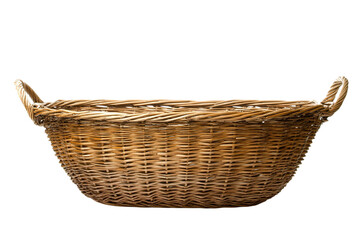 Obraz premium Rustic Woven Wicker Basket with Handles on White Background