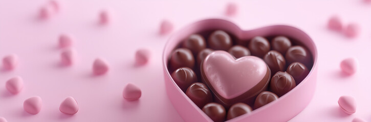 Fototapeta premium Open heart shaped candy box full of delicious sweet chocolate candies bonbons inside, pastel pink color blank empty copy space background. Saint Valentine's Day concept banner greeting card.