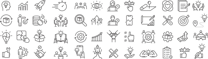 ベクターでモノクロのイノベーションに関する線画アイコンセット