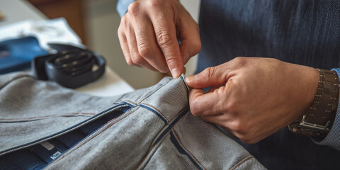 Fototapeta premium A repairman delicately stitching a vintage dress, working with fragile fabrics to restore its original beauty.