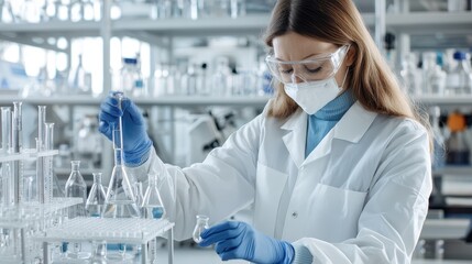 A lab technician in a white coat, safety goggles, and a mask conducts experiments with glassware in a modern laboratory setting.