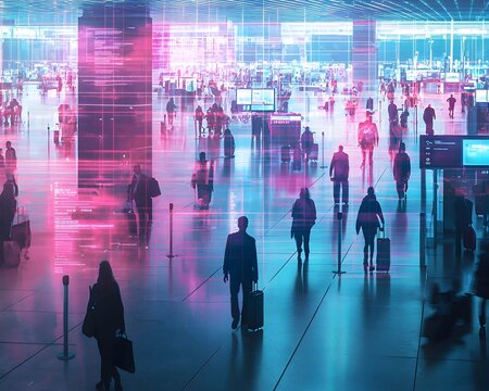 Futuristic Travel Hub with Seamless Biometric Security and Efficient Passenger Flow