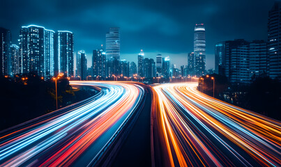 Naklejka premium Blue light trails, the speed of data transfer in the digital world, a futuristic technology background